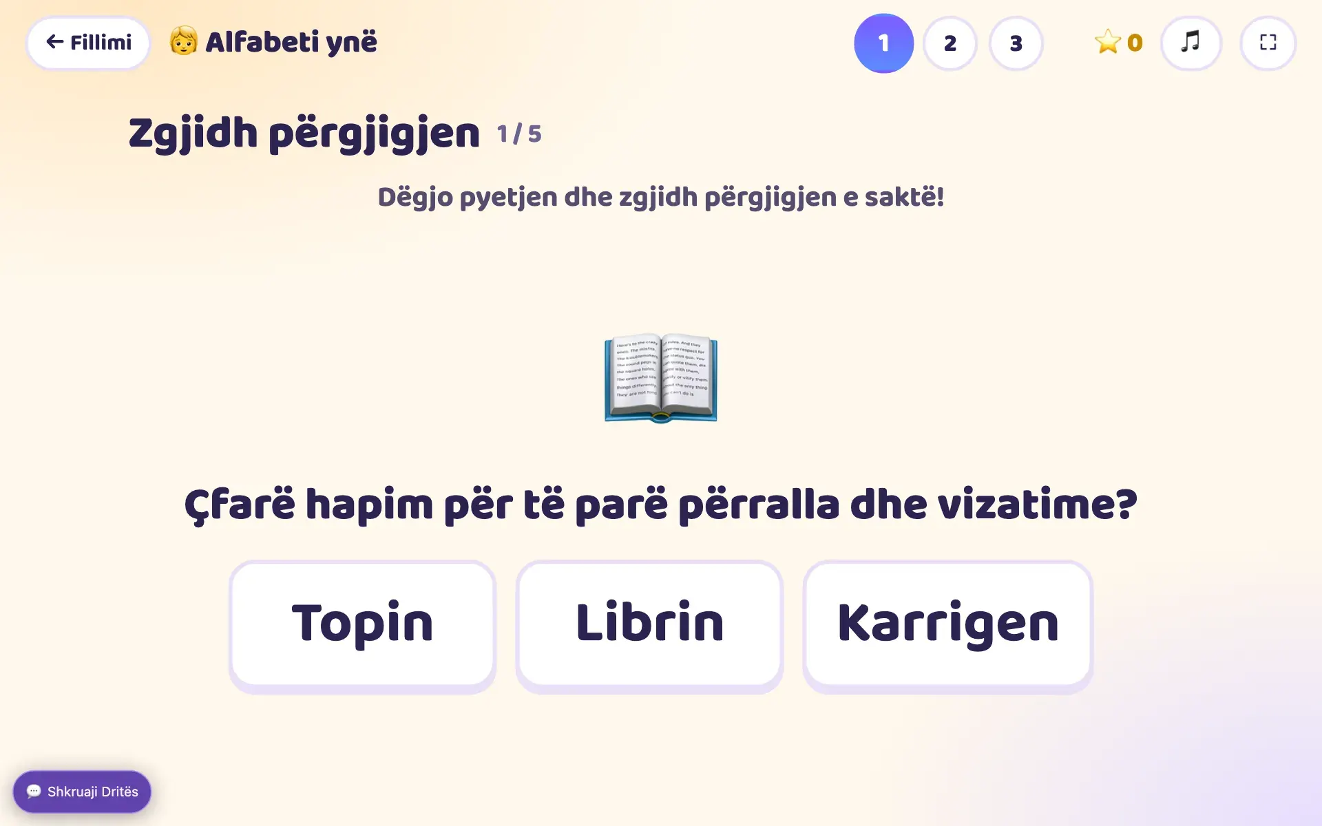 Grade 1 smartboard activity in Albanian with three large answer buttons