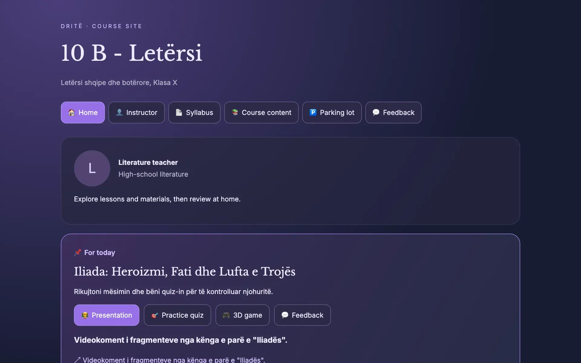 Dritë class page for a high-school literature class, with today's lesson, presentation, quiz and 3D game