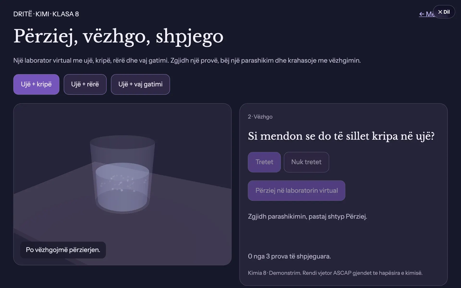 Laborator virtual kimie Dritë: gotë uji 3D dhe detyrë parashiko, vëzhgo, shpjego